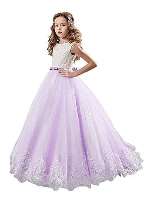 Ball Gown Jewel Sleeveless Lace Sweep/Brush Train Tulle Flower Girl Dresses DEP0007536