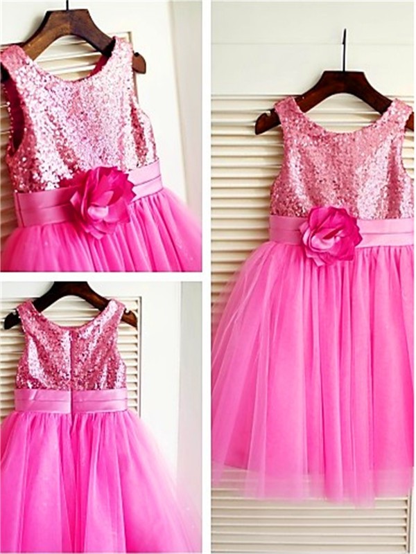 A-line/Princess Scoop Sleeveless Sequin Tea-Length Tulle Flower Girl Dresses DEP0007722