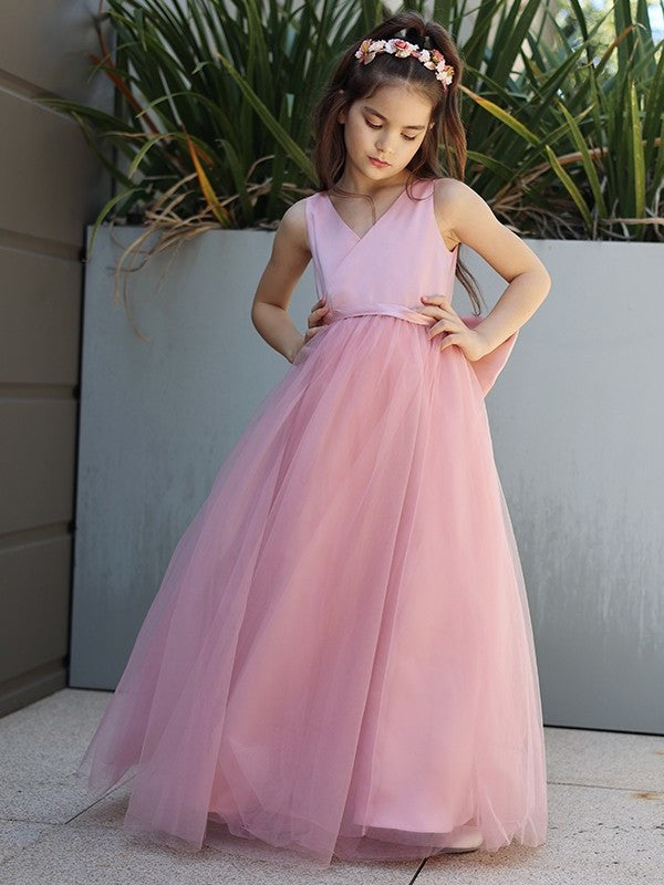 A-Line/Princess Tulle Bowknot V-neck Sleeveless Floor-Length Flower Girl Dresses DEP0007496