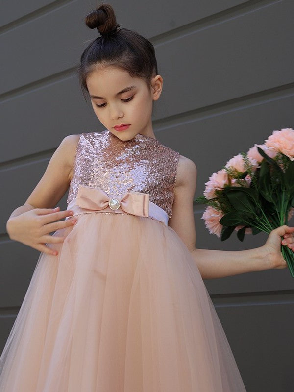 A-Line/Princess Tulle Bowknot Scoop Sleeveless Tea-Length Flower Girl Dresses DEP0007463