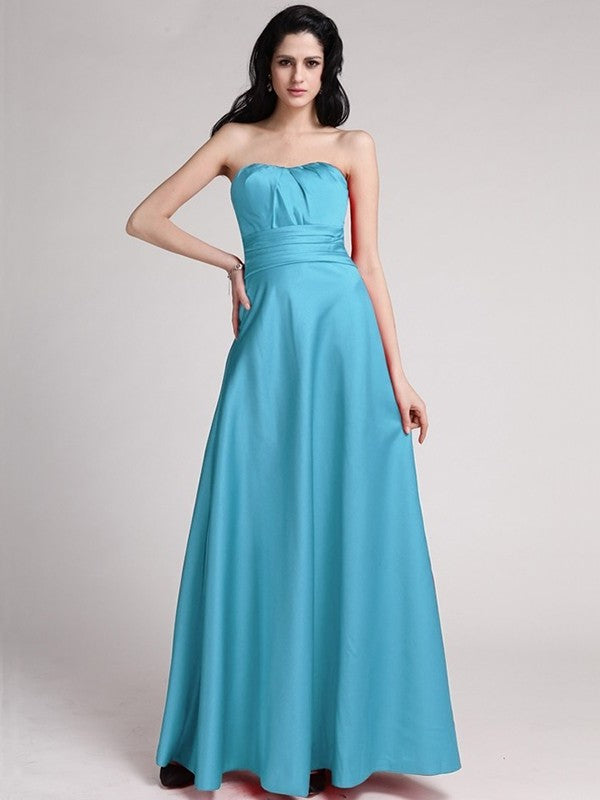 A-Line/Princess Strapless Sleeveless Pleats Long Elastic Woven Satin Bridesmaid Dresses DEP0005835