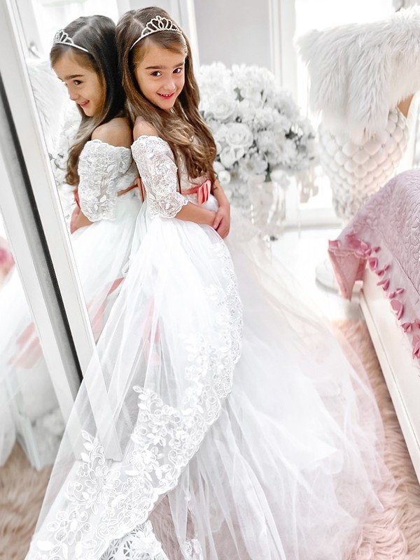 A-Line/Princess Tulle Sash/Ribbon/Belt Off-the-Shoulder 1/2 Sleeves Sweep/Brush Train Flower Girl Dresses DEP0007481