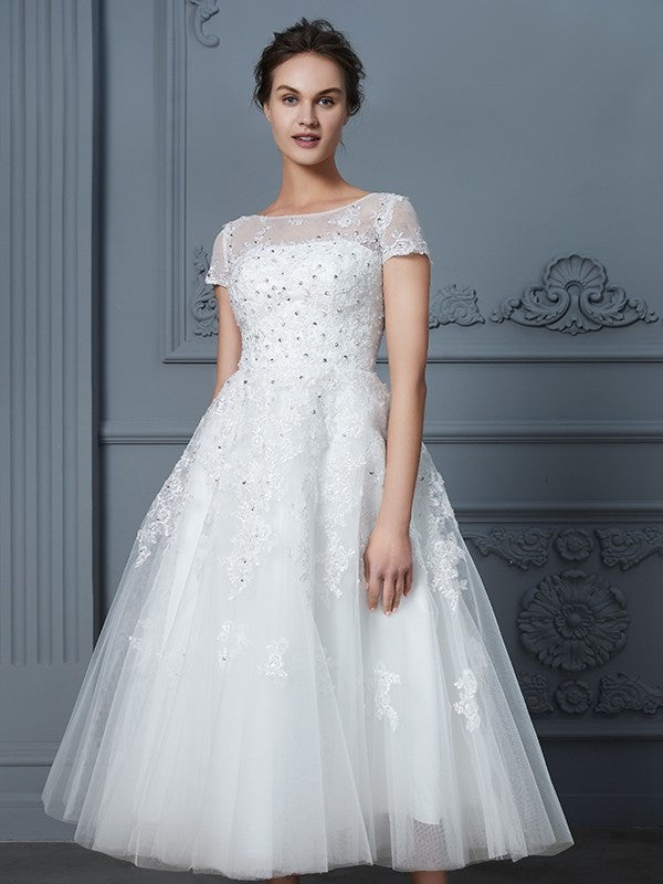 A-Line/Princess Scoop Short Sleeves Tea-Length Beading Tulle Wedding Dresses DEP0006474