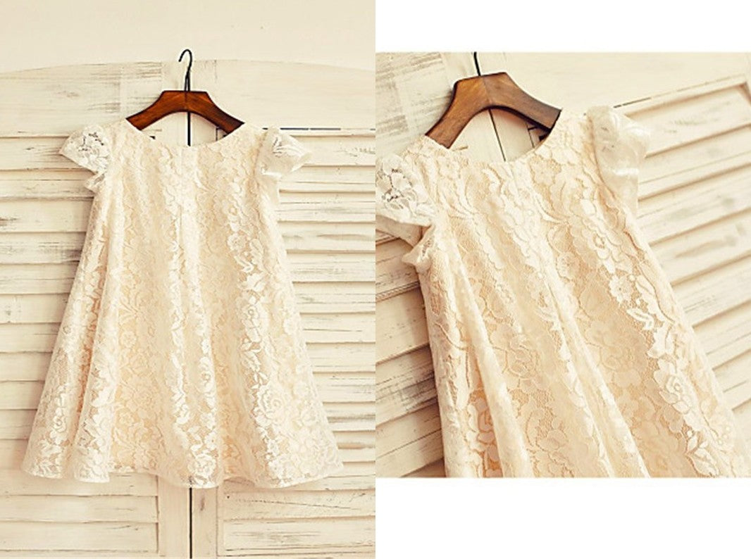 A-line/Princess Scoop Short Sleeves Tea-Length Lace Flower Girl Dresses DEP0007725