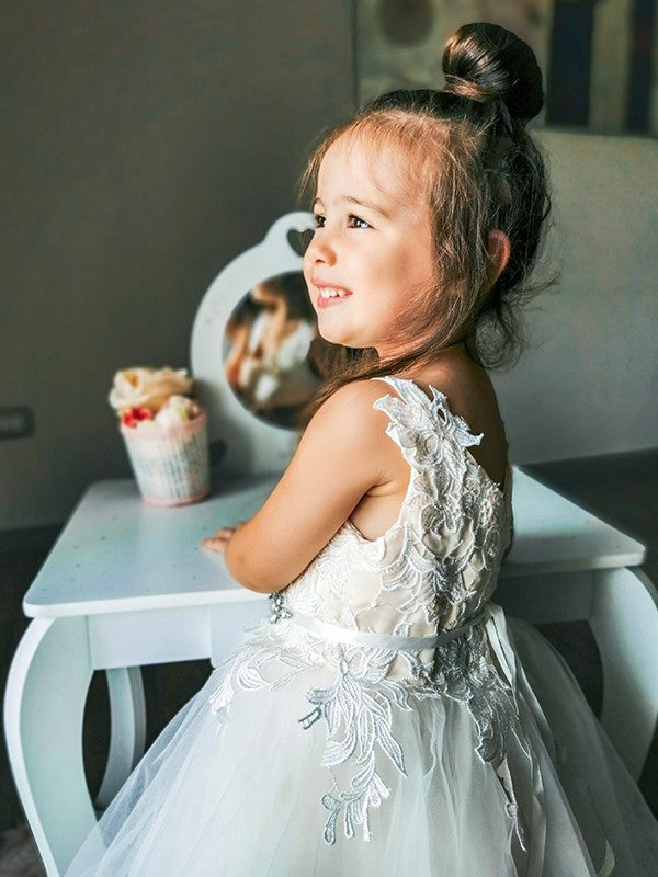 A-Line/Princess Tulle Lace V-neck Sleeveless Ankle-Length Flower Girl Dresses DEP0007460