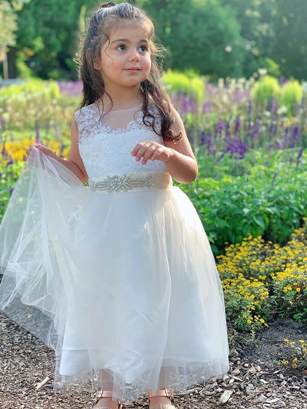 A-Line/Princess Tulle Lace Scoop Sleeveless Tea-Length Flower Girl Dresses DEP0007477