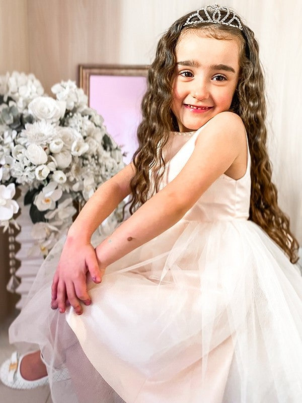 A-Line/Princess Tulle Bowknot Scoop Sleeveless Knee-Length Flower Girl Dresses DEP0009290