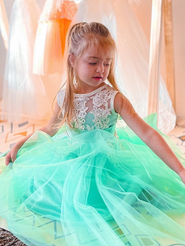 A-Line/Princess Tulle Applique Scoop Sleeveless Knee-Length Flower Girl Dresses DEP0009293