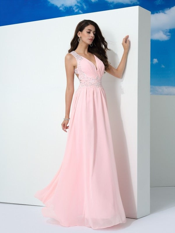 A-Line/Princess Straps Beading Sleeveless Long Chiffon Dresses DEP0002549