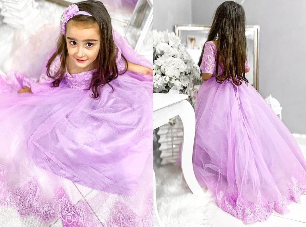 Ball Gown Tulle Lace Off-the-Shoulder 1/2 Sleeves Sweep/Brush Train Flower Girl Dresses DEP0007476