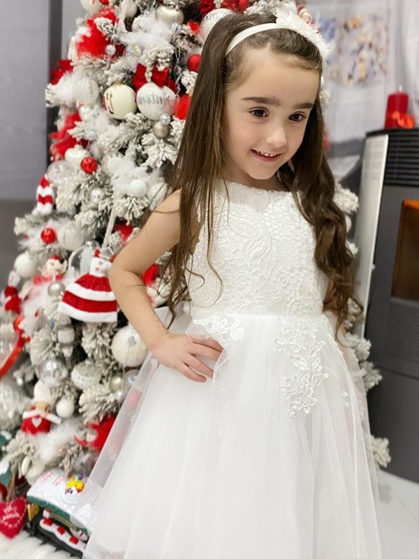 A-Line/Princess Tulle Lace Scoop Sleeveless Knee-Length Flower Girl Dresses DEP0009286