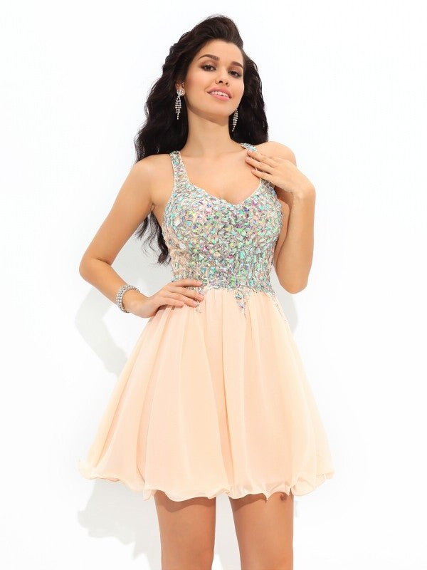 A-Line/Princess Straps Rhinestone Sleeveless Short Chiffon Cocktail Dresses DEP0008104