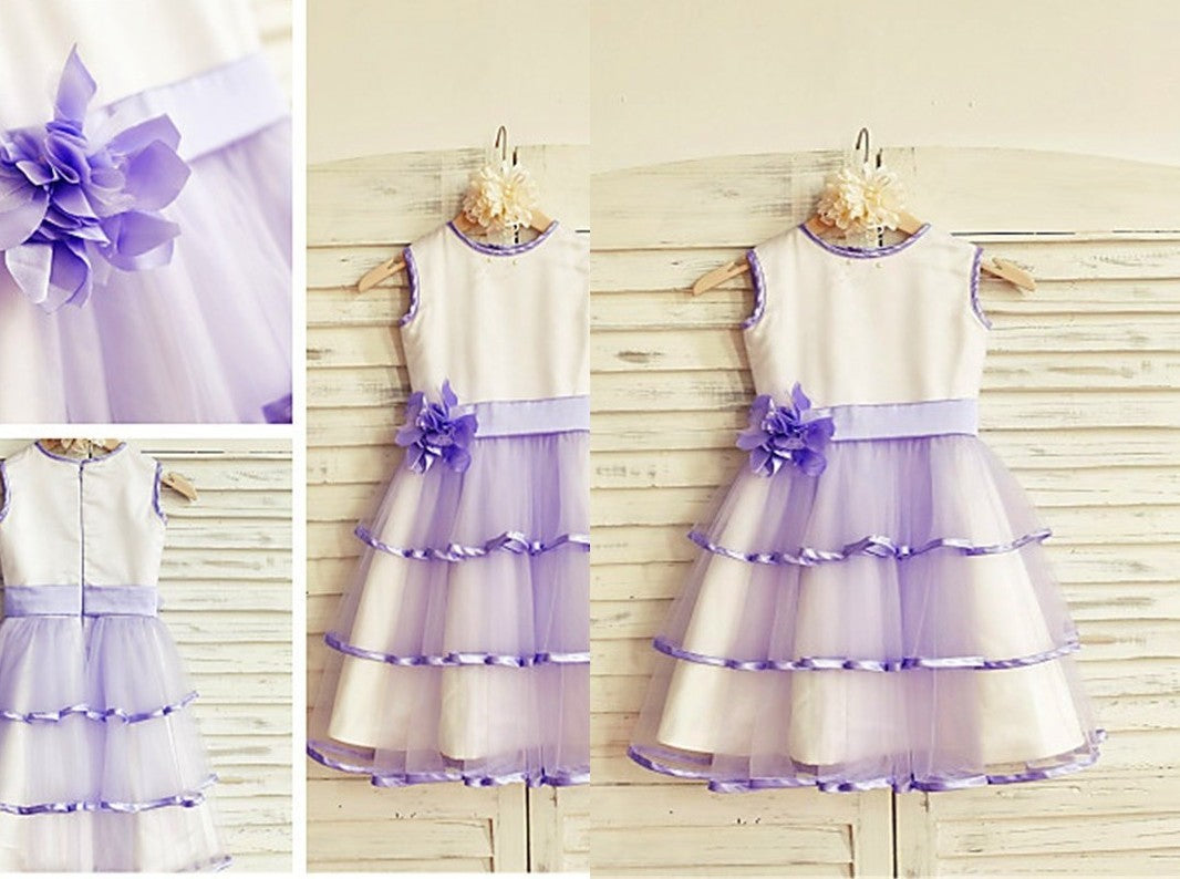 A-line/Princess Scoop Sleeveless Hand-made Flower Tea-Length Tulle Flower Girl Dresses DEP0007780