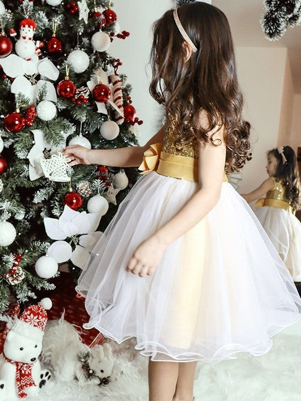 A-Line/Princess Organza Sequin Scoop Sleeveless Tea-Length Flower Girl Dresses DEP0007551