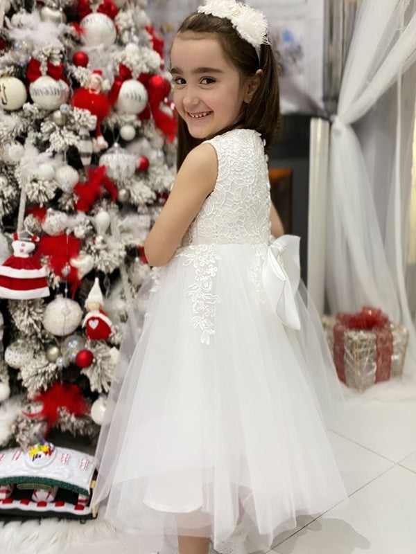 A-Line/Princess Tulle Lace Scoop Sleeveless Knee-Length Flower Girl Dresses DEP0009286