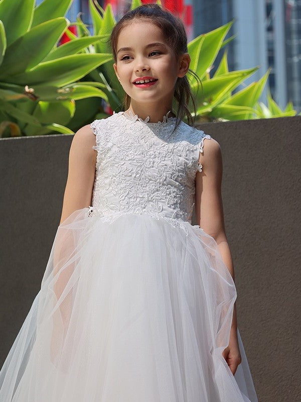 A-Line/Princess Tulle Lace High Neck Sleeveless Knee-Length Flower Girl Dresses DEP0007488