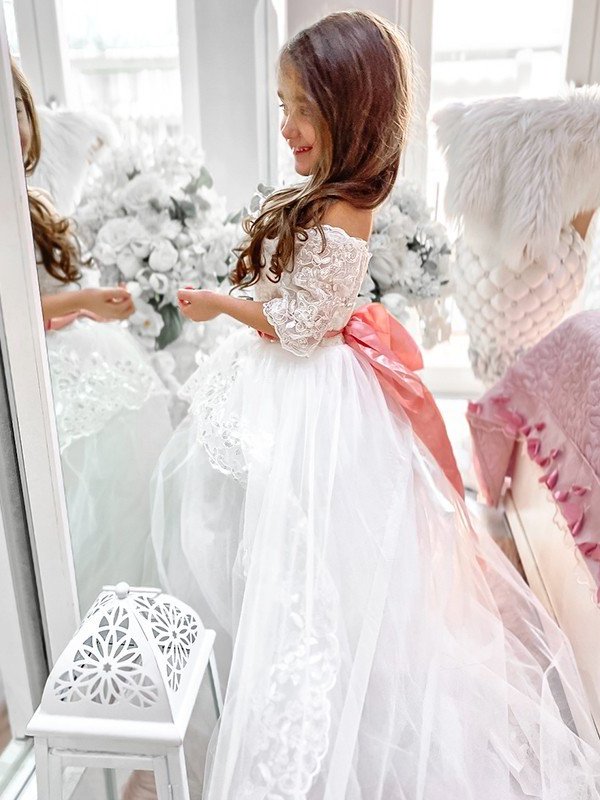 A-Line/Princess Tulle Sash/Ribbon/Belt Off-the-Shoulder 1/2 Sleeves Sweep/Brush Train Flower Girl Dresses DEP0007481