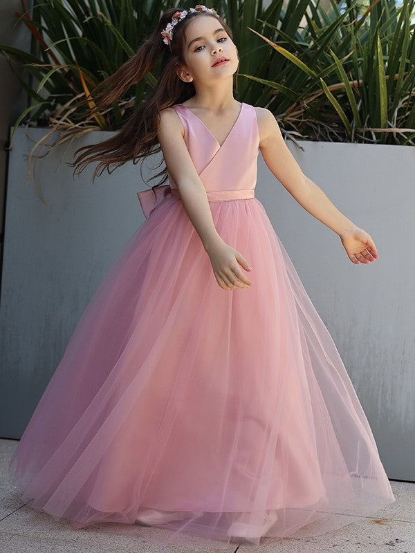 A-Line/Princess Tulle Bowknot V-neck Sleeveless Floor-Length Flower Girl Dresses DEP0007496