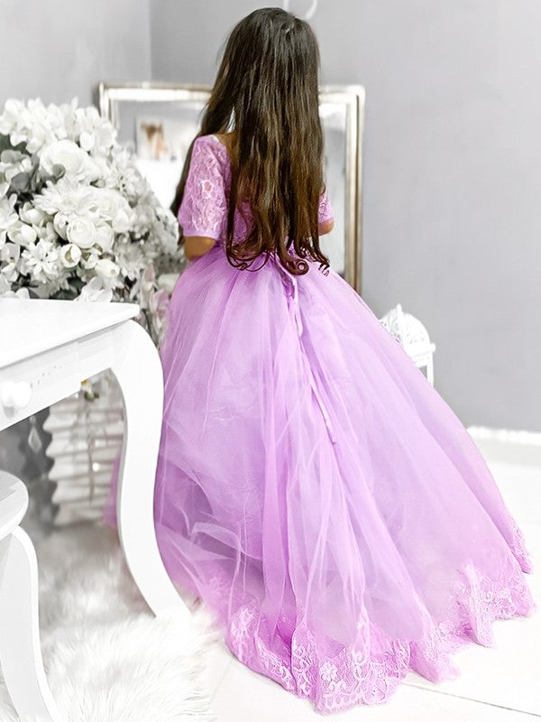 Ball Gown Tulle Lace Off-the-Shoulder 1/2 Sleeves Sweep/Brush Train Flower Girl Dresses DEP0007476