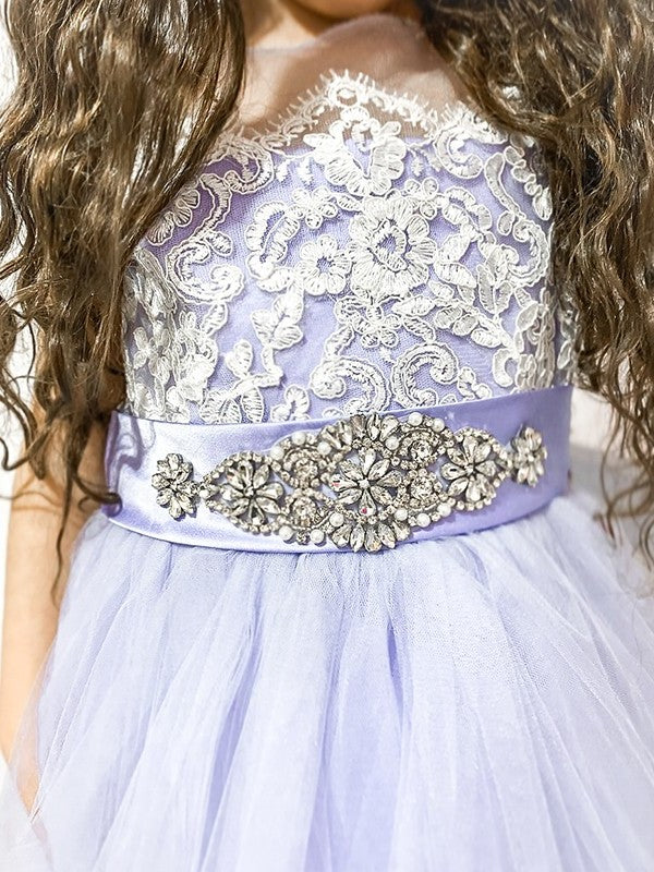 A-Line/Princess Tulle Lace Scoop Sleeveless Knee-Length Flower Girl Dresses DEP0009288