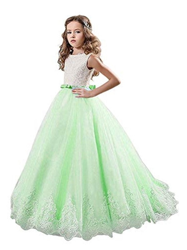 Ball Gown Jewel Sleeveless Lace Sweep/Brush Train Tulle Flower Girl Dresses DEP0007536