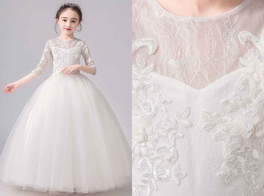 A-Line/Princess Lace Bowknot Scoop 3/4 Sleeves Floor-Length Flower Girl Dresses DEP0007506