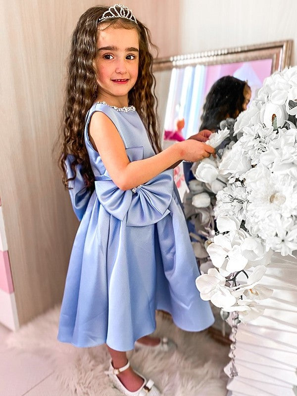 A-Line/Princess Satin Bowknot Scoop Sleeveless Knee-Length Flower Girl Dresses DEP0009289