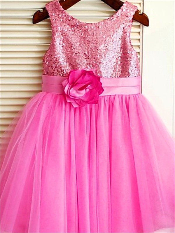 A-line/Princess Scoop Sleeveless Sequin Tea-Length Tulle Flower Girl Dresses DEP0007722