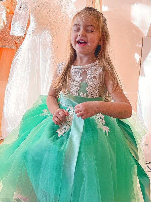 A-Line/Princess Tulle Applique Scoop Sleeveless Knee-Length Flower Girl Dresses DEP0009293