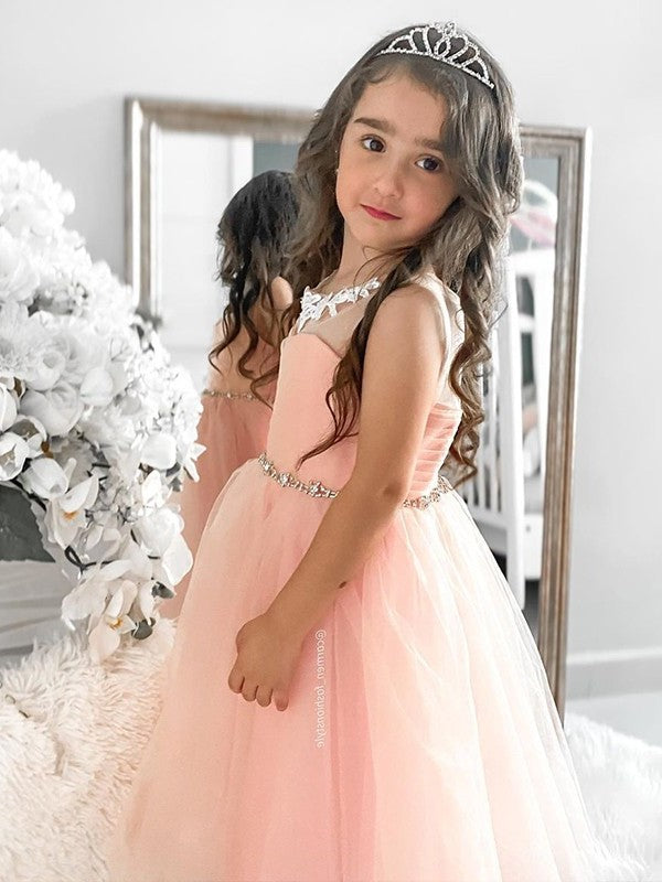 A-Line/Princess Tulle Beading Scoop Sleeveless Tea-Length Flower Girl Dresses DEP0007469