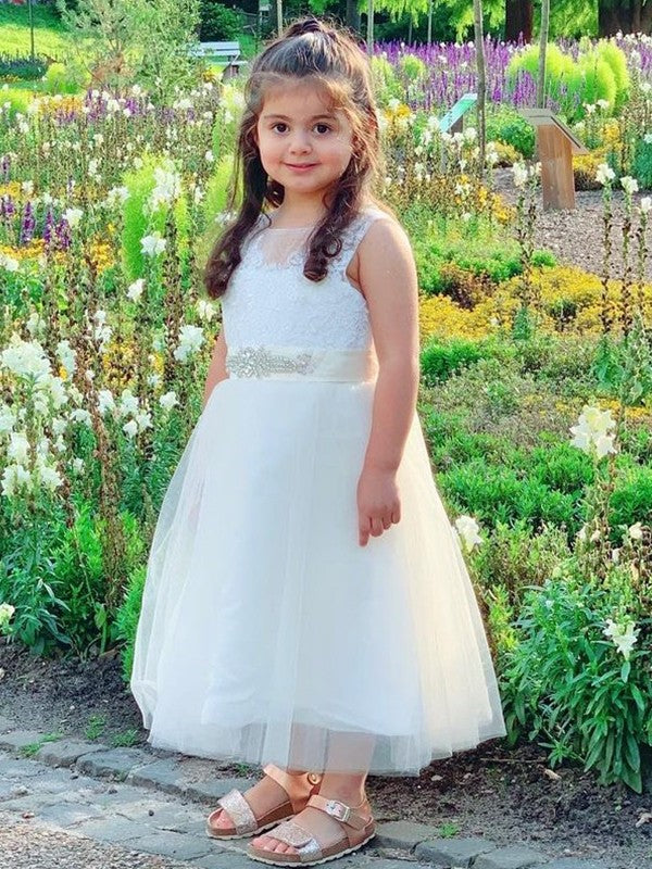 A-Line/Princess Tulle Lace Scoop Sleeveless Tea-Length Flower Girl Dresses DEP0007477