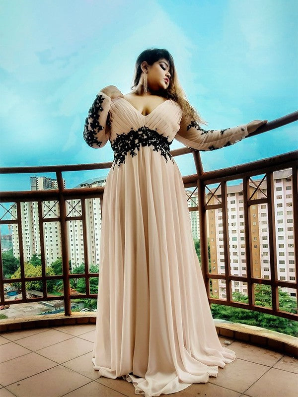 A-Line/Princess V-neck Applique Floor-Length Chiffon Long Sleeves Plus Size Dresses DEP0004519