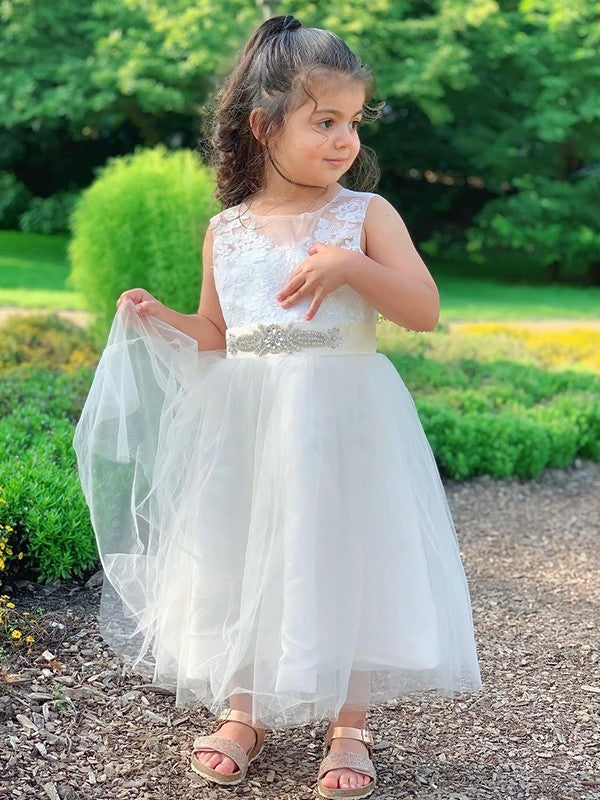 A-Line/Princess Tulle Lace Scoop Sleeveless Tea-Length Flower Girl Dresses DEP0007477