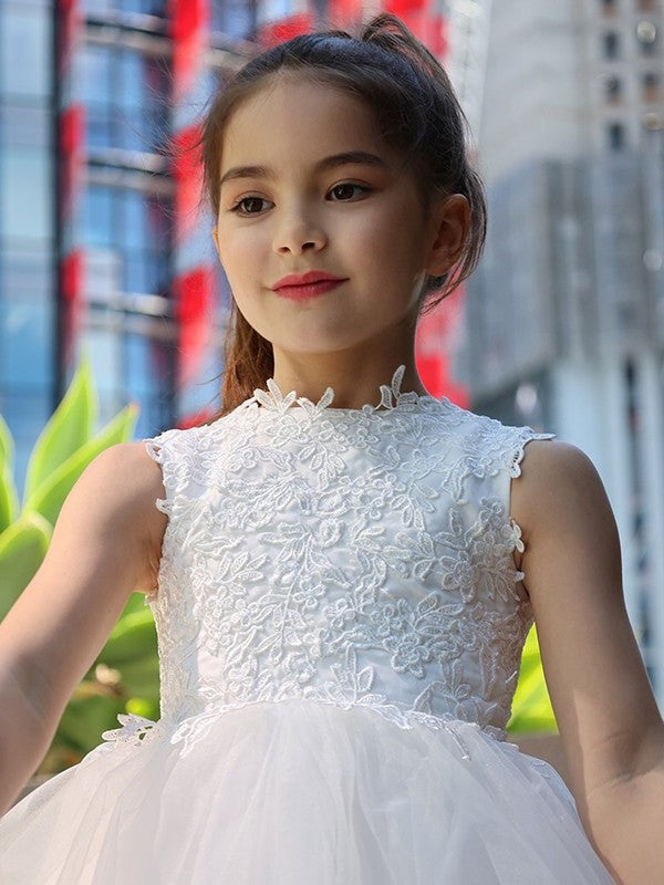 A-Line/Princess Tulle Lace High Neck Sleeveless Knee-Length Flower Girl Dresses DEP0007488