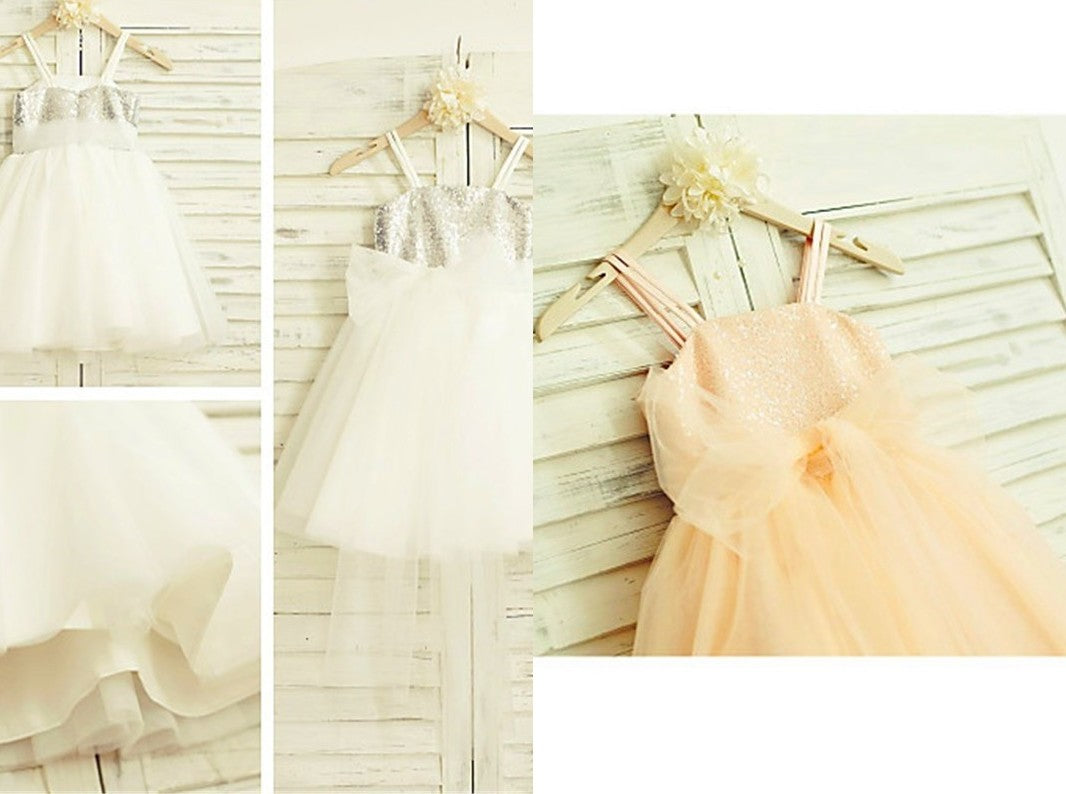 A-line/Princess Spaghetti Straps Sleeveless Sequin Tea-Length Tulle Flower Girl Dresses DEP0007863