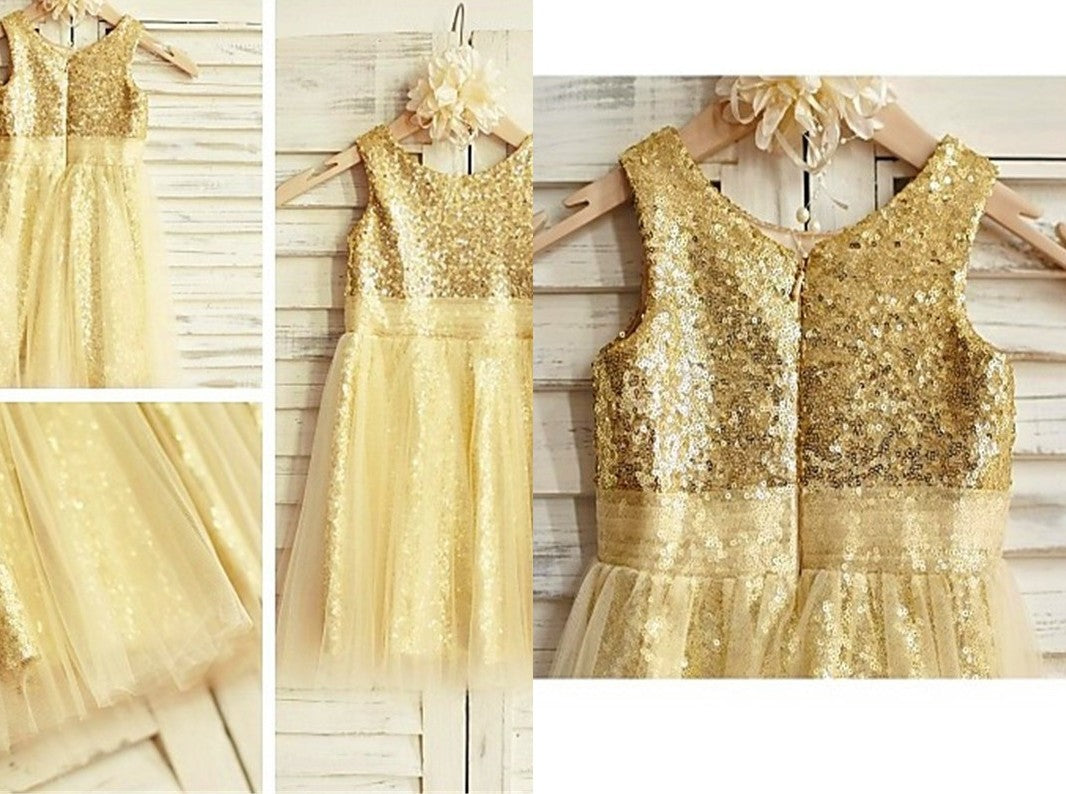 A-line/Princess Scoop Sleeveless Ruffles Tea-Length Sequins Flower Girl Dresses DEP0007837