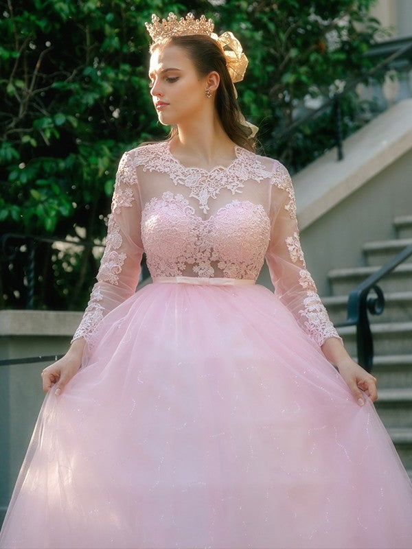 Ball Gown Tulle Scoop Lace Long Sleeves Sweep/Brush Train Dresses DEP0001597