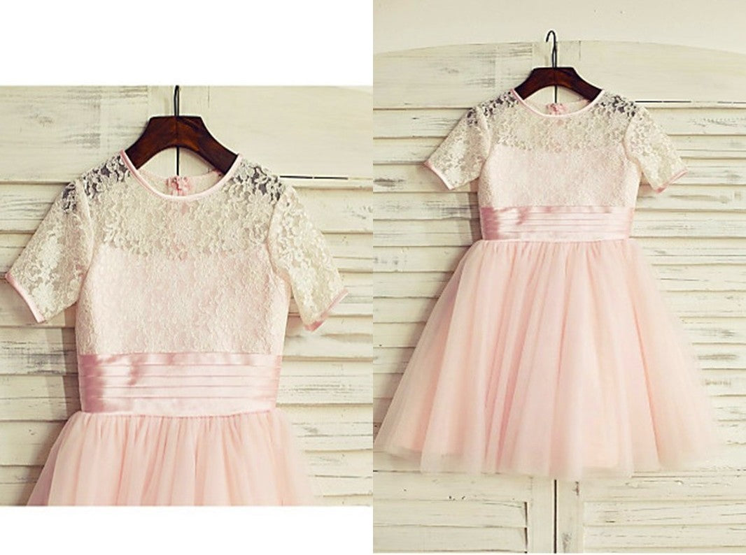 A-line/Princess Jewel Short Sleeves Lace Tea-Length Tulle Flower Girl Dresses DEP0007793