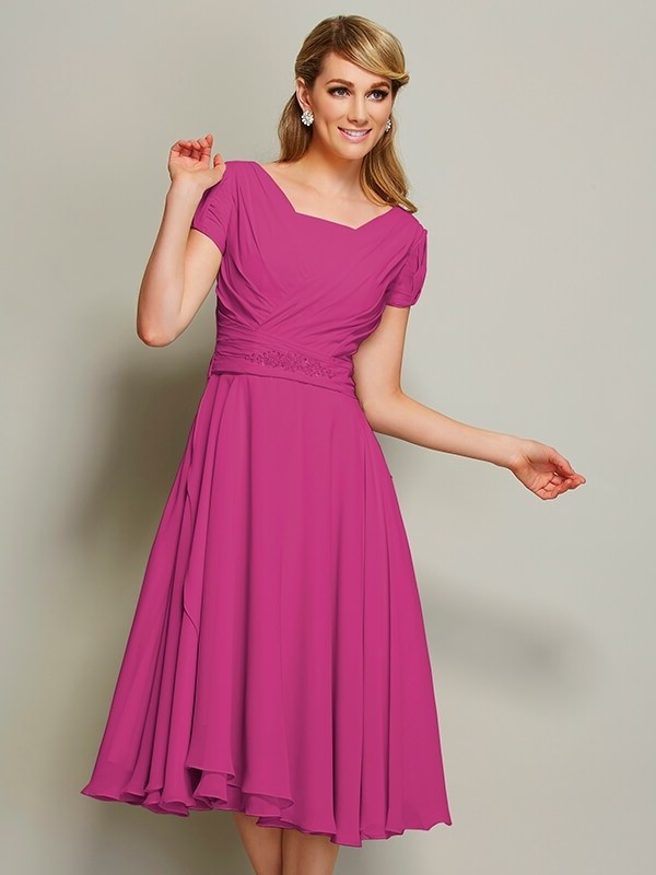 Sheath/Column Bateau Short Sleeves Ruffles Short Chiffon Bridesmaid Dresses DEP0005029