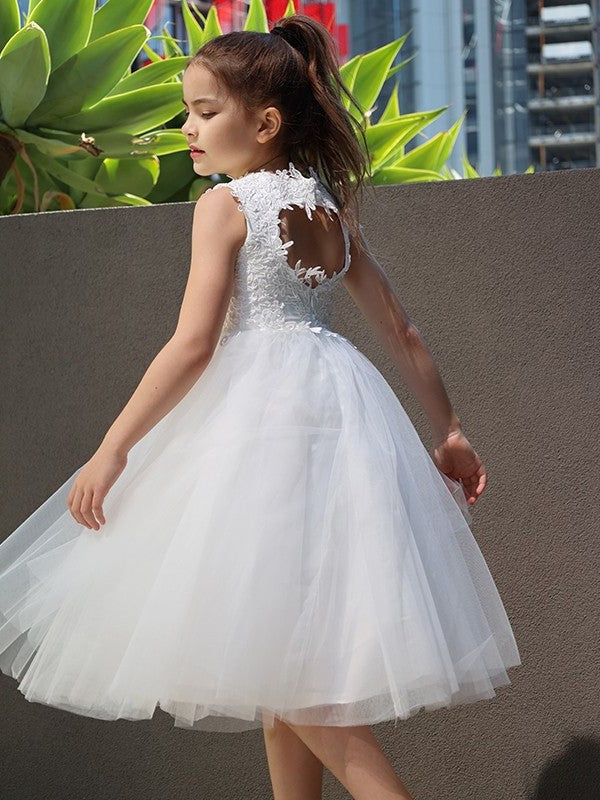 A-Line/Princess Tulle Lace High Neck Sleeveless Knee-Length Flower Girl Dresses DEP0007488