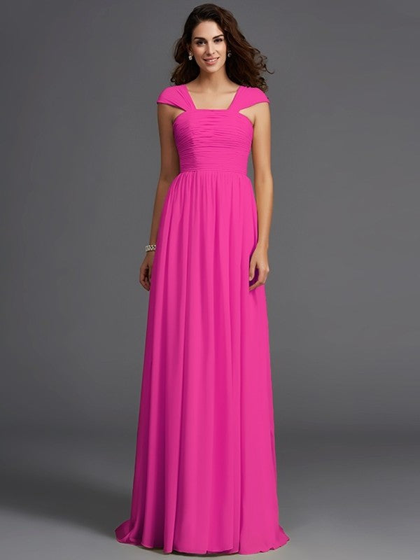 A-Line/Princess Straps Ruffles Sleeveless Long Chiffon Bridesmaid Dresses DEP0005470