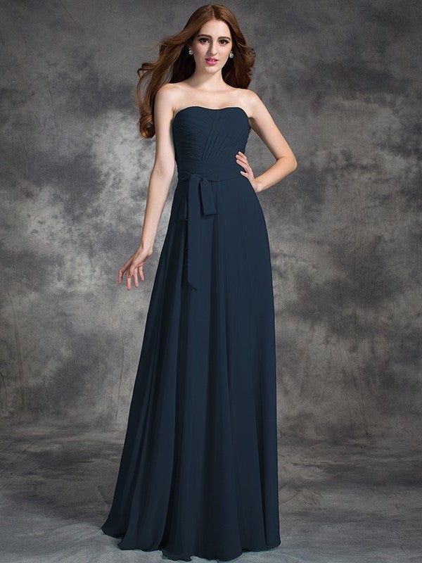 A-line/Princess Strapless Ruched Sleeveless Long Chiffon Bridesmaid Dresses DEP0005797