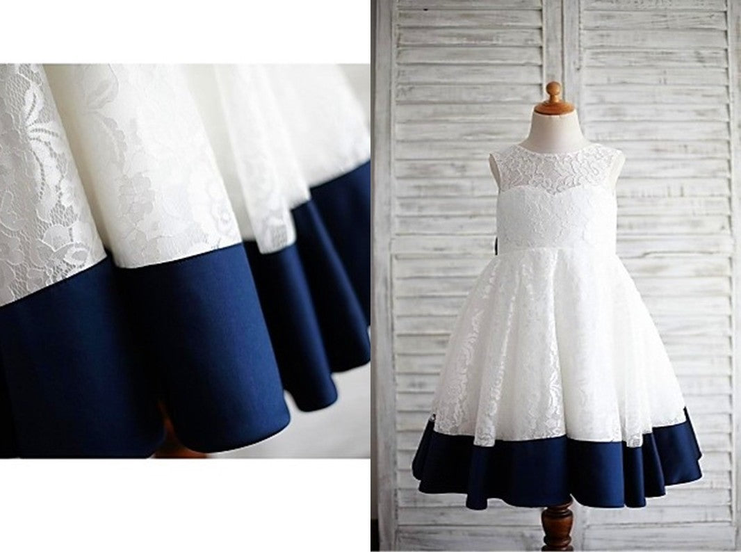 A-line/Princess Scoop Sleeveless Bowknot Tea-Length Lace Flower Girl Dresses DEP0007556