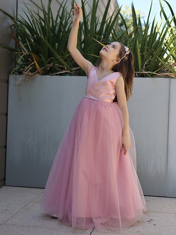 A-Line/Princess Tulle Bowknot V-neck Sleeveless Floor-Length Flower Girl Dresses DEP0007496