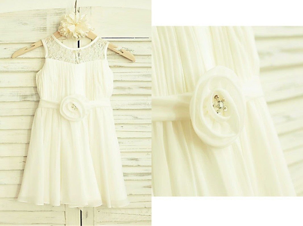 A-line/Princess Scoop Sleeveless Hand-made Flower Tea-Length Chiffon Flower Girl Dresses DEP0007795