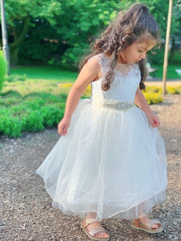 A-Line/Princess Tulle Lace Scoop Sleeveless Tea-Length Flower Girl Dresses DEP0007477