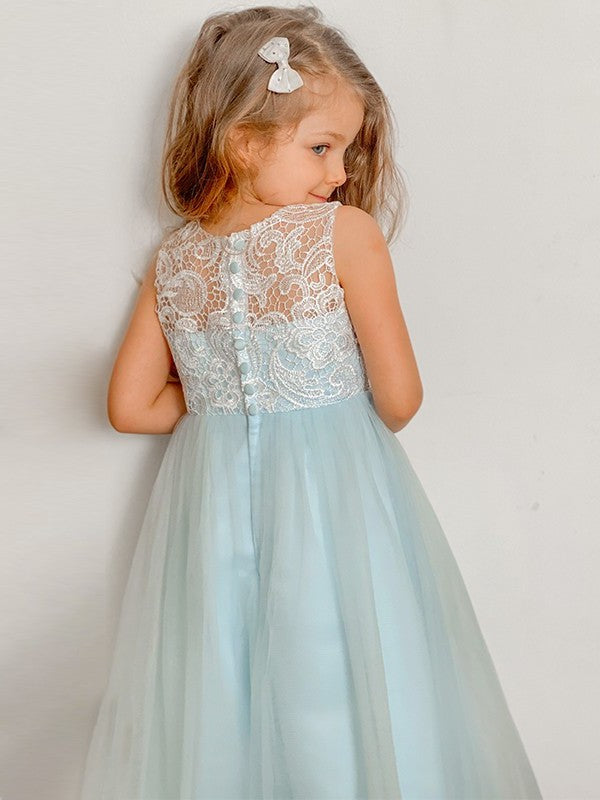 A-Line/Princess Tulle Lace Scoop Sleeveless Ankle-Length Flower Girl Dresses DEP0009296