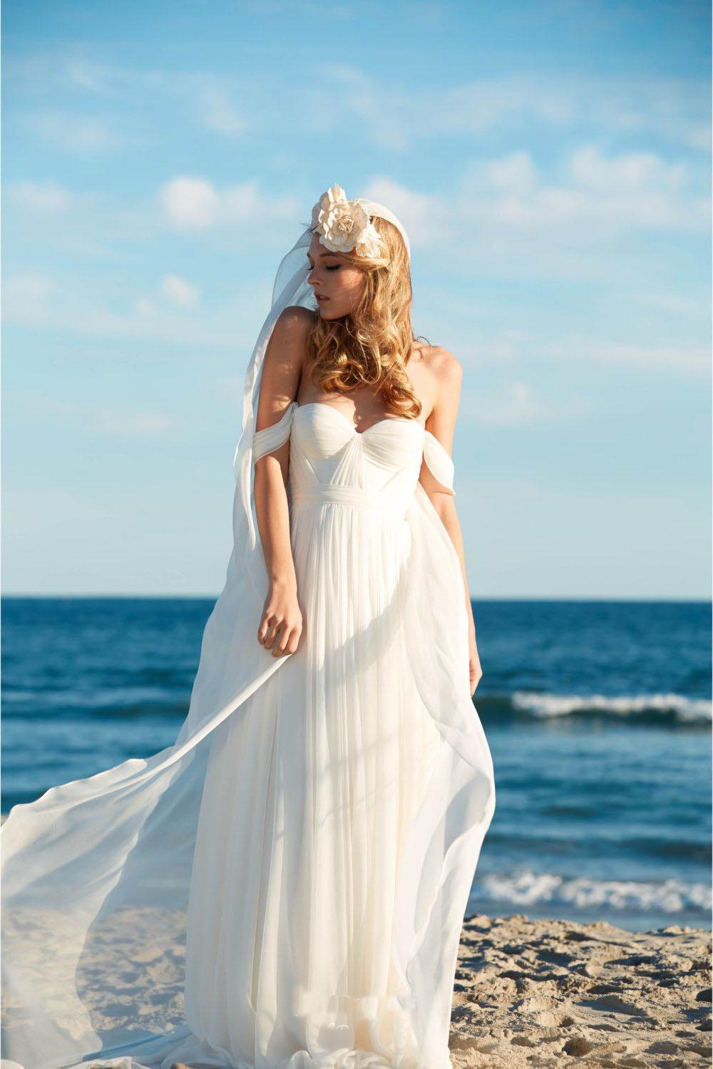 Off-the-Shoulder Empire Pleated White Sweetheart Backless Chiffon Beach Wedding Dress