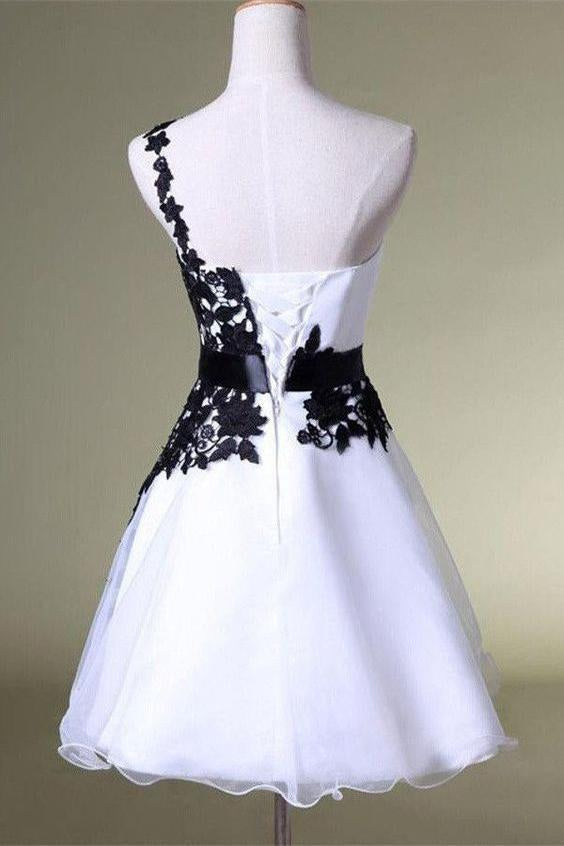 A Line One Shoulder White Homecoming Dress with Black Lace Knee Length Party Dress JS44