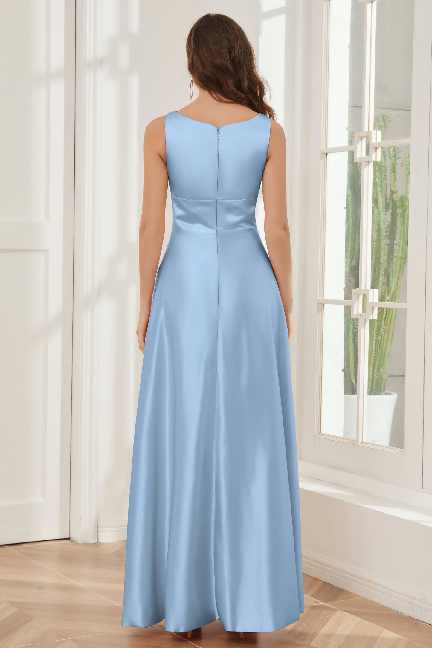 A-line Sleeveless Satin Long Bridesmaid Dresses with Pockets